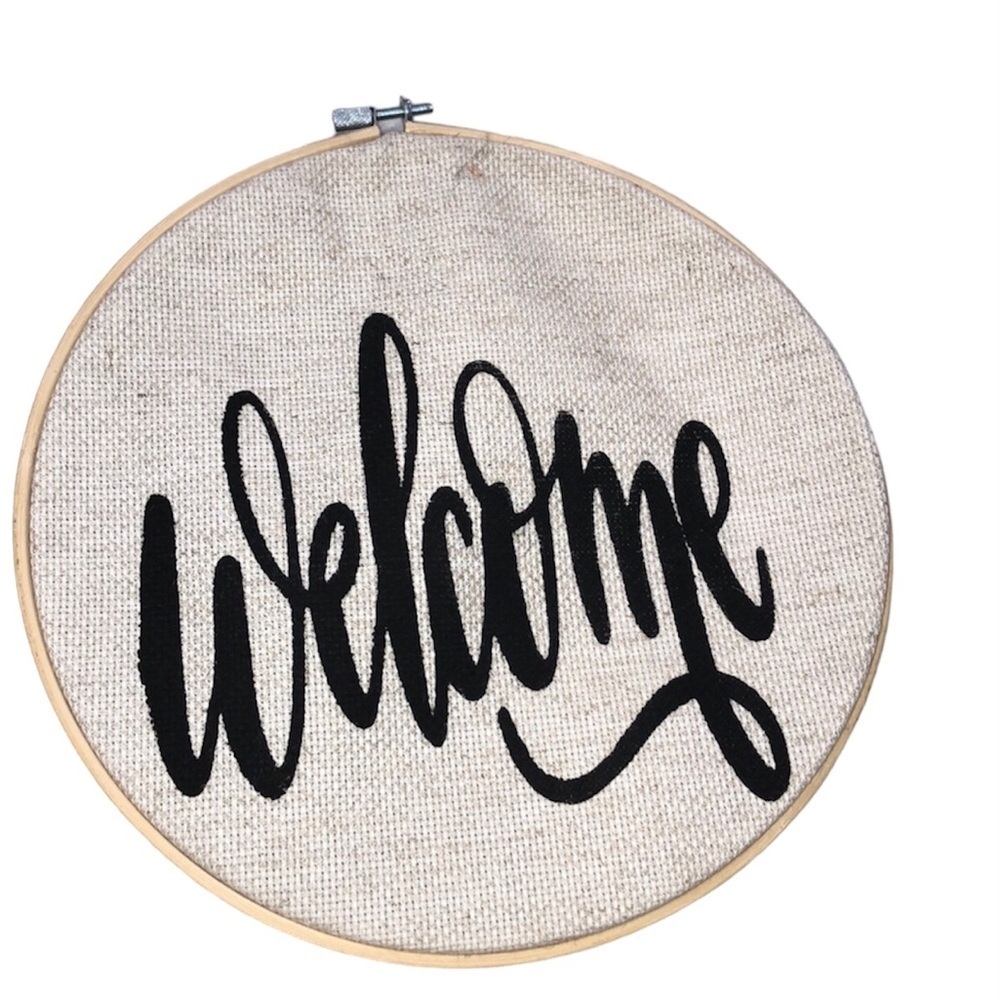 Welcome calligraphy embroidered canvas sign
